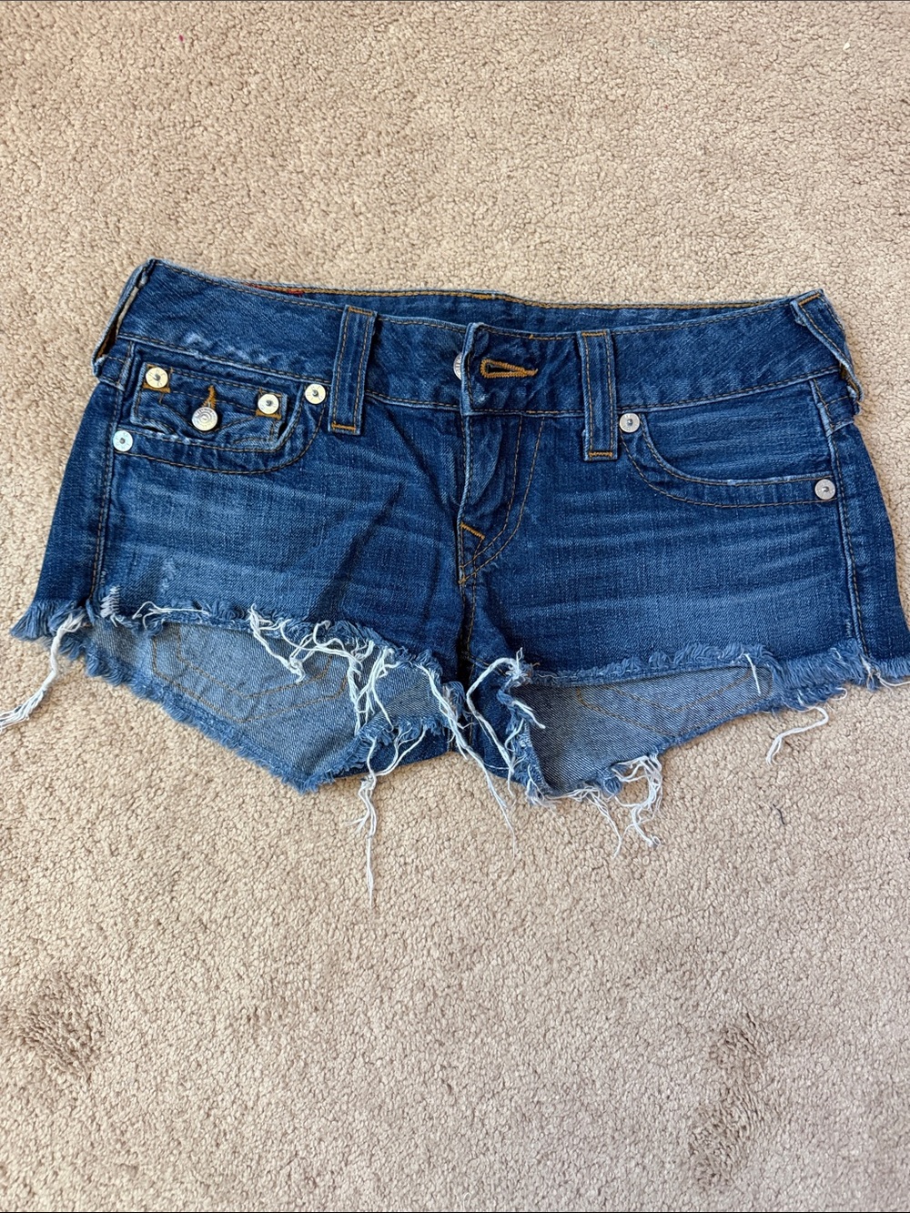 True Religion Dark Blue Distressed Denim Cutoff Shorts